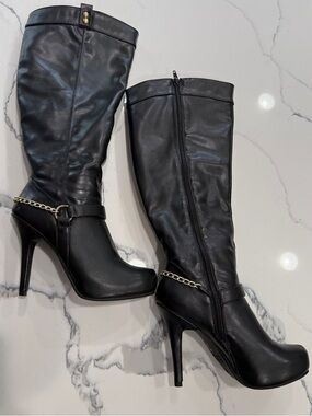 Madeline girl Black High-Heel Boots with Gold Chain Trim